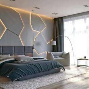 mörkgrått sovrum med lysande väggdetaljer