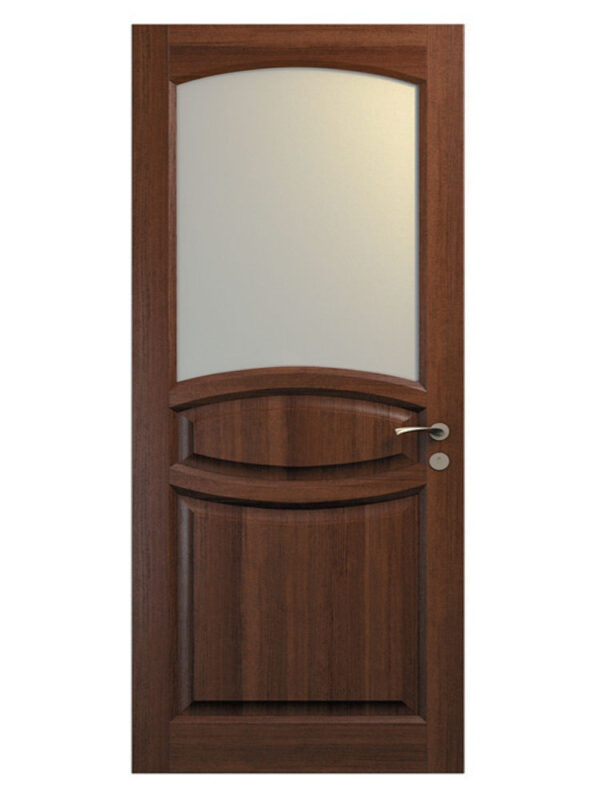 brun dörr med välvd glasruta